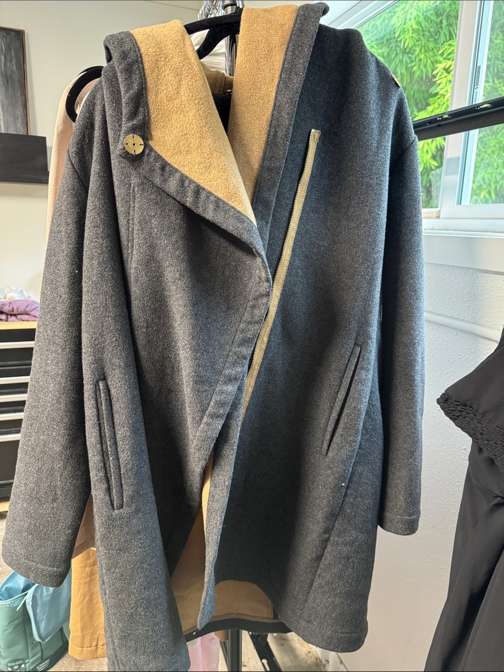 Vince Camuto Wool-Blend Hooded Coat in Charcoal with Camel Lining